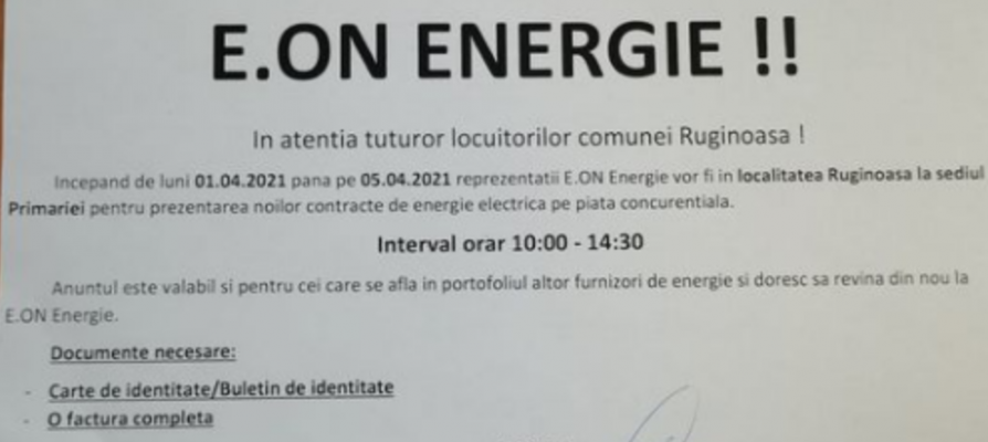 Anunț E.ON ENERGIE, în atenția locuitorilor comunei Ruginoasa