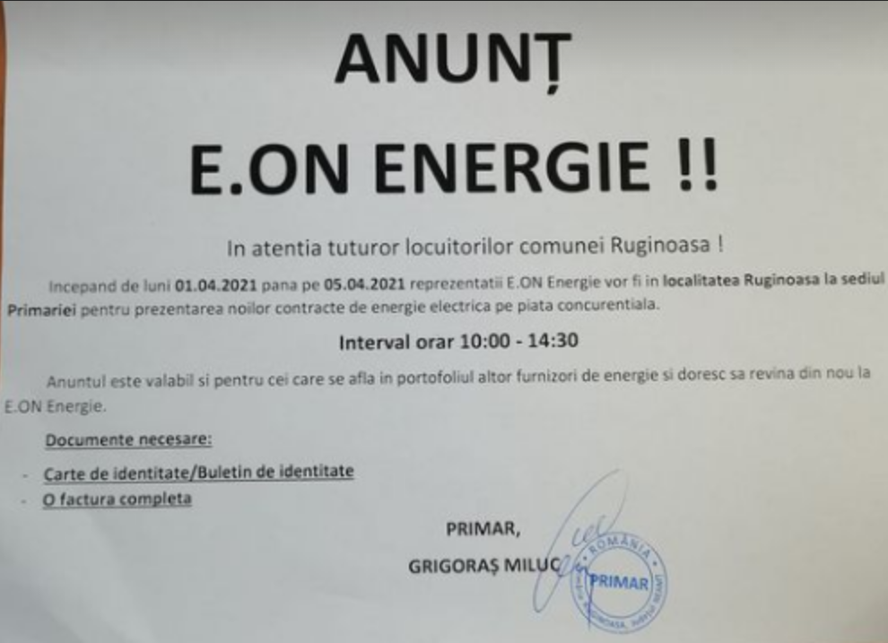 Anunț E.ON ENERGIE, în atenția locuitorilor comunei Ruginoasa